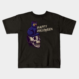 Happy Halloween Cat with Skull Costumes Kids T-Shirt